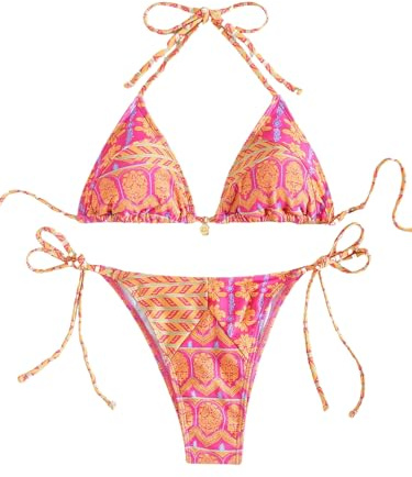 GORGLITTER Triangel Bikini Damen Set Brazilian Neckholder Bikini Blumen | Brazilian Bikini Damen Set, Tanga Bikini Set, Neckholder Bikini, Brazilian Style, High Waist Bikini