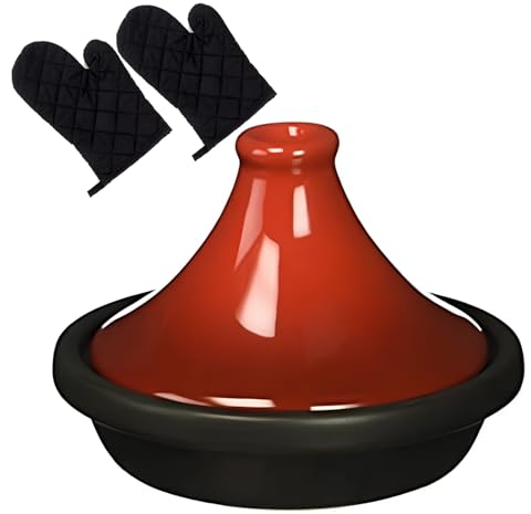 DYHQQ Tagine Cooking Pot Enameled Cast Iron Cooking Pot, 27Cm Large Tajine with Ceramic Cone-Shaped Closed Lid Cookware- Double Oven Mitts Included