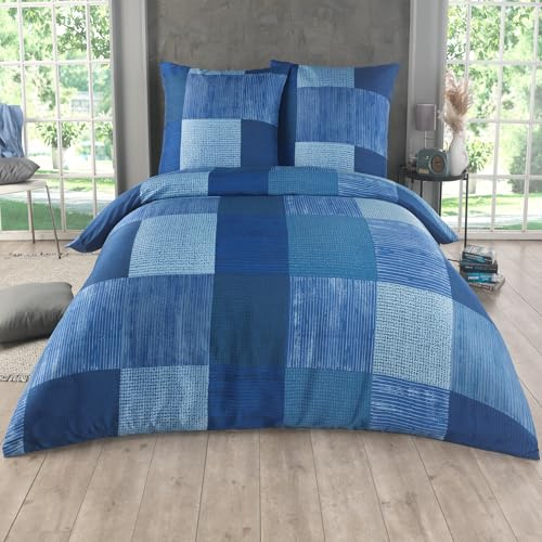 Kuscheli Bettwäsche 200x200 3 teilig - Mikrofaser Bettbezug 200x200 cm + 2 x Kissenbezug 80x80 cm - atmungsaktiver Stoff mit Reißverschluss - Einzelbett - modernes Karo Design Blau