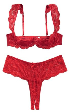 Lilosy Petite Sexy Underwire Floral Lace Sheer Lingerie Set for Women See Through Bra and Panty 2 Piece Push Up Half-cup Red X-Small