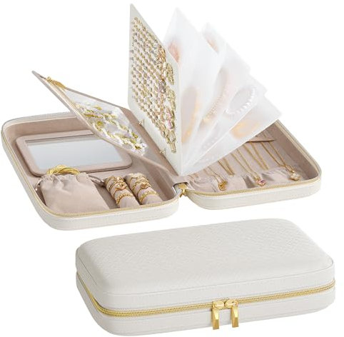 SONGMICS HOME RONNE Collection - Travel Jewellery Box, Jewellery Organiser with Mirror, Jewellery Pouch, Woven Embossed PU Leather, Hard Shell, Large Capacity, Gift Idea, Cloud White JBC204W01
