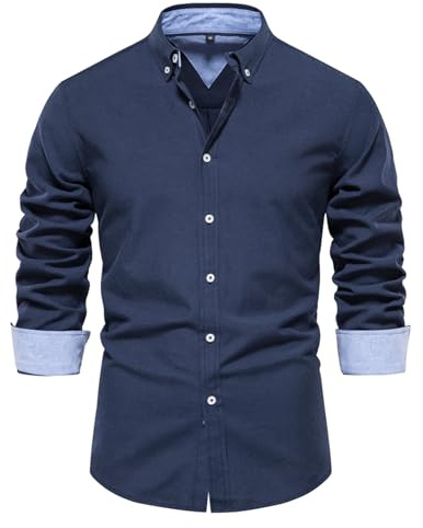 Btmpmcs Långärmad herrskjorta enkel stretch formell skjorta vardaglig smart icke-järn Oxford skjorta smal passform business button-down-skjorta med ficka, marinblå, L