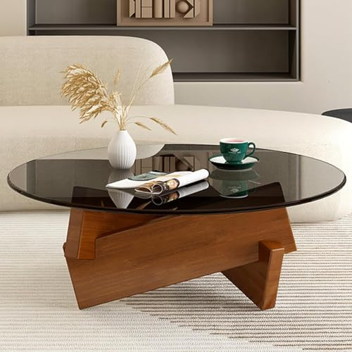 Table à café Table à café Ronde Table Basse pour canapé Table à café de Salon Moderne, Vintage et Industrielle avec Plateau en Verre trempé et Pieds en Bois Massif 80cm(Black)