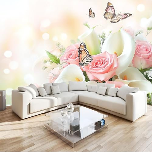 Fototapete Romantische Rosen Schmetterlinge Tapete 200x140 cm 3D Vlies Wanddeko Wallpaper Wandtapete Dekoration Study Zimmer Wohnzimmer Restaurant Cafe