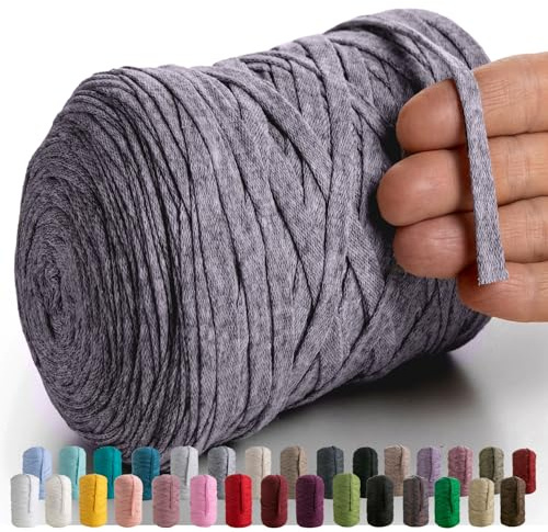 MeriWoolArt® Baumwollgarn Band Grau - 10mm T-Shirt Band Garn für Stricken, Makramee, Häkeln, Weben, Geschenkband - 150 m Baumwollband (Dunkelgrau)