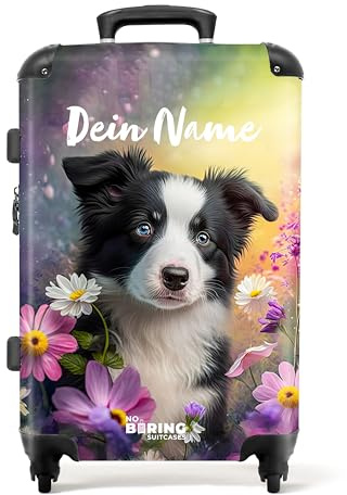 NoBoringSuitcases© Koffer Personalisiert, Kinder Koffer, | 67x43x25 cm - Reisekoffer Kinder - Hartschalenkoffer - Border Collie mit Blumen - Mittelgroß mit Rollen - Koffer mit Namen