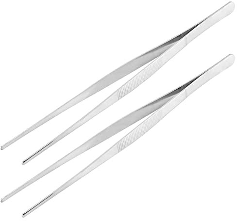 Qusedwey 2PCS Kitchen Tweezers Grill Tongs Stainless Steel Long Chef Food Clip BBQ Meat Beef Tong Bar Bartending Tweezer 30cm