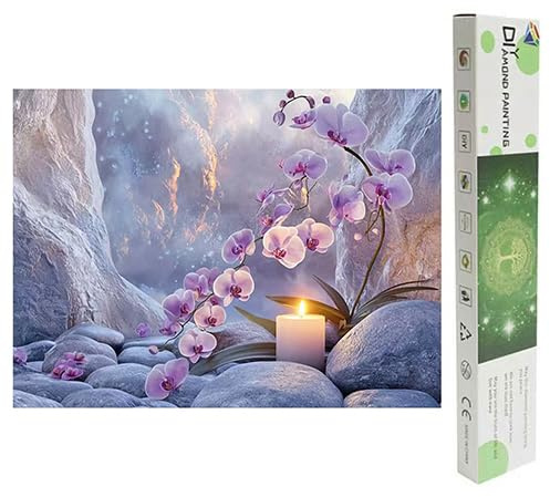 DCIDBEI Diamant Malerei Orchideen 50x40cm Malen nach Zahlen Erwachsene Orchideen Kerze Leinwand Diamond Painting Bilder Landschaft Zen Diamond Craft Buddy Crystal Art Kreuzstich Stickerei Blumen Box