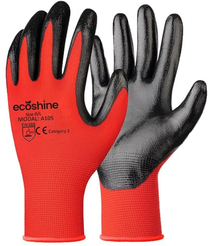 Ecoshine Supplies 24 Pairs work Gloves Red Nitrile Coated Gloves, Heavy Duty Non-Slip Grip for Building and Gardening Warehouse Gloves PREMIUM Quality (Small/7)