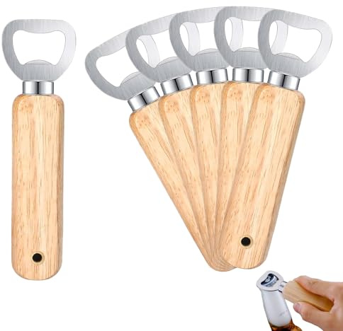 6 Stück Flaschenöffne mit Tragbare Lochdesign, Holzgriff Edelstahl Bier Flaschenöffner, Kapselheber für Männer Weihnachts Neujahrs Party,Gravierbar Bieröffner für Küche, Bar,Camping,Geschenke,Zuhause
