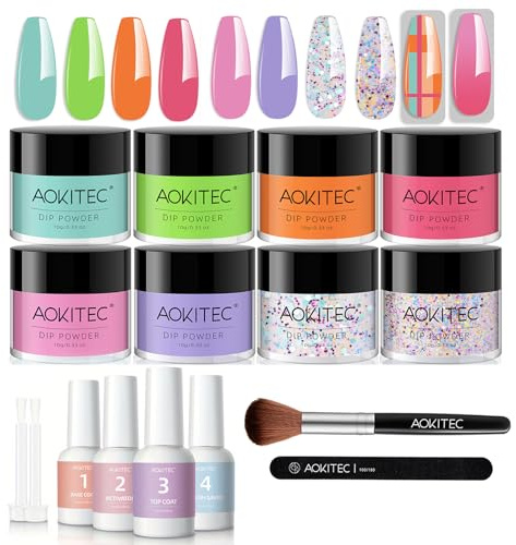 Aokitec Ensemble de poudre à ongles à tremper 8 couleurs, poudre à ongles rose orange avec base à tremper, activateur de base supérieure, pinceau protecteur, kit de démarrage de poudre à ongles pour
