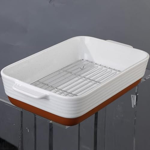MALACASA Serie TARA, Fuente de Horno de Gres con Asas y Parrilla de 4500ml, Ideal para Lasañas, Gratinados y Asados, Apta para Horno y Lavavajillas, Blanco Vainilla con Esmalte de Sésamo y Caqui