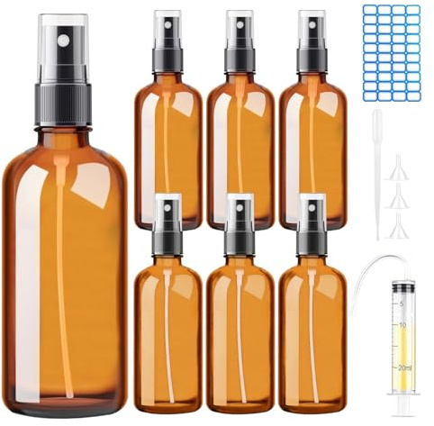 DONQL 6 Stück 100ml Sprühflaschen aus Glas Mit Zerstäuber (Amber) | Flüssigkeitssprühflasche Spray Flaschen Mit Feinem Nebel für Reiseflüssigkeit Kosmetik