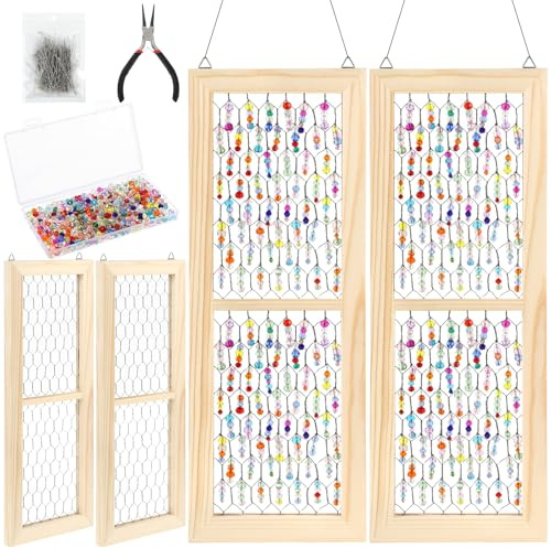 2 Pack Chicken Wire Wood Frame Suncatcher with 800 Pcs Rainbow Glass Beads Wooden Beads Window Hanging Suncatcher for Window Garden Décor Photos Jewelry Making Crafting Project