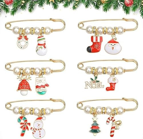 6 Piezas Pins Navidad con Perlas Strass, Broche de Elementos Navideños, Elementos de Navidad Broche de Perlas, Adecuado para Ropa Decorativa