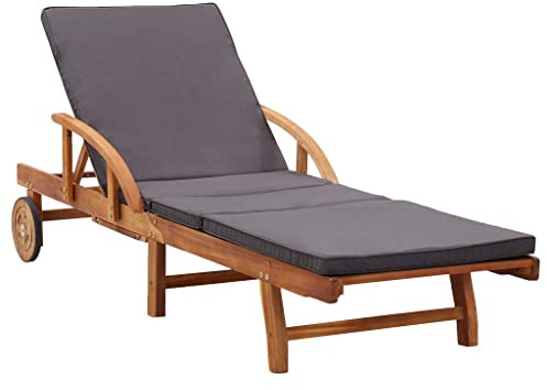 HaoChrymec Sonnenliege mit Auflage aus Akazien-Massivholz, Verstellbare Rückenlehne, Mit Ausziehtisch, Rollbar, Wetterfest, Strand Liege, Camping Liegestuhl, Gartenmöbel, 200 x 68 x 30-83 cm