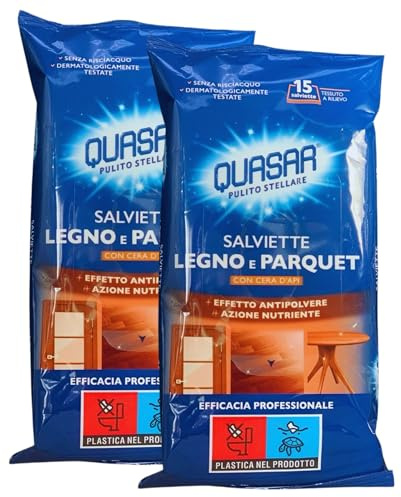 Quasar Confezione Da 15 Salviette LEGNO E PARQUET Con Cera D'Api. Effetto Antipolvere, Azione Nutriente, Detergono Le Piccole e Grandi Superfici In Legno (2 Confezioni)