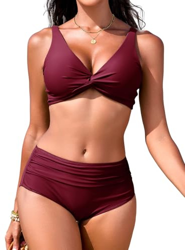 FemiChic Dam Push-Up Bikini Set Sexigt V-formigt Utsnitt Twist Överdel Magsida Baddräkt med Justerbara Band Hög Midja Byxor Badkläder för Strand & Pool, Lila röd, S