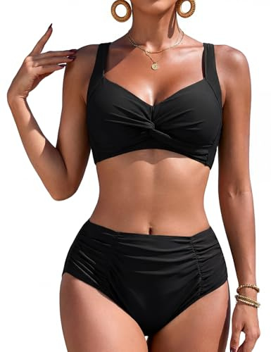 Vijamiy Costume Donna Due Pezzi Vita Alta Curvy Tonificare l'addome Bikini Push Up Sexy Scollo a V Costumi da Bagno Piscina sulla Spiaggia(Nero,XXL)