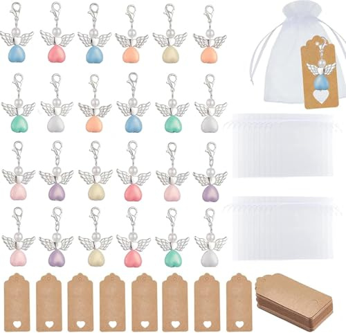 Llavero Ángel de la Guarda Set de 24, Llaveros de Ángel con Bolsa de Organza y Tarjeta de Agradecimiento, Regalo de Boda, Bautizo, Navidad, y Fiesta