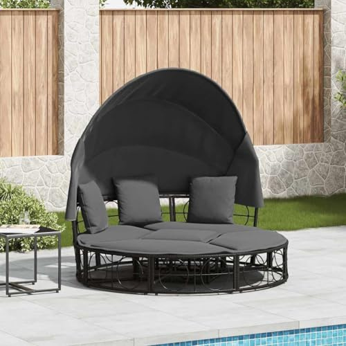 Mokuyary Outdoor-Loungebett mit Dach und Kissen Schwarz Poly Rattan Sonnenliege Wetterfest Pflegeleicht,Garten Balkon Sauna Liege Relaxliege