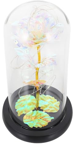 MUCKLILY Rose Éternelle sous Cloche en Verre Lumière LED Intégrée Fleur Artificielle 3 Feuilles en Or Décoration Lumineuse Romantique pour Saint-Valentin et Présents Femme sans Pile