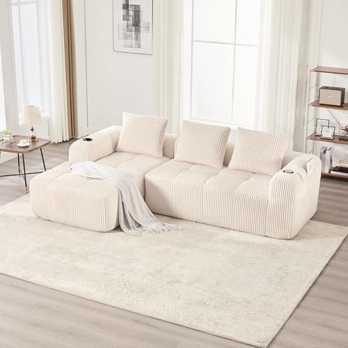 FammyLoft Vollkomprimiertes Ecksofa, Sofa L Form mit Seitentaschen, Modulares Sofa, Ohne Montage, Corduroy, 253cm, Beige