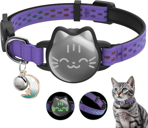 Wasserdichtes Airtag-Katzenhalsband, Breakaway-Katzen-Airtag-Halsband mit leuchtendem und reflektierendem Muster, leichtes Kätzchen-Halsband für Apple Air-Tag, versteckte Halterung für GPS-Tracker