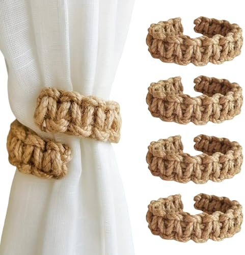 4 Pcs Boho Curtain Tie Backs,Natural Braided Rope Curtain Tiebacks (Khaki)
