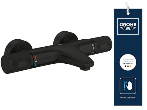GROHE Precision Feel, Badewannenarmatur, wassersparend (Thermostat mit stets kühler Oberfläche für Kinder, Duscharmatur mit Sicherheitssperre 38°C, Anti-Rutsch Griffe, 3in1 Tool), schwarz, 347882430