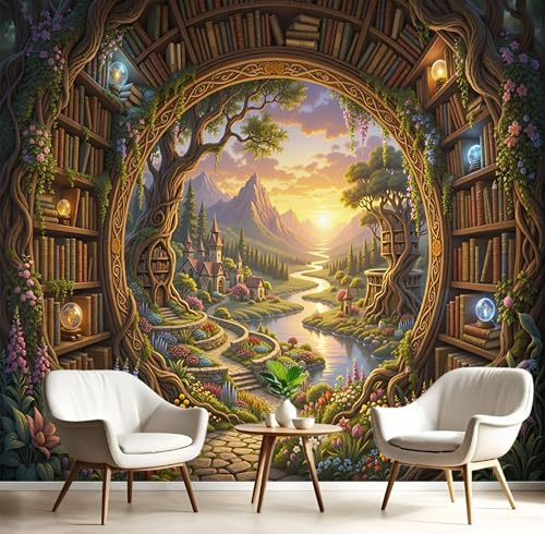 Papel Pintado Panorámico Fotomurales 250X175Cm - Papel Pintado Fotográfico La Biblioteca Bosque Encantado Paisaje Valle Murales Marrón Verdoso Póster Niños Juvenil Salón Dormitorio Decoración
