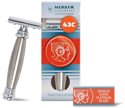 MERKUR 43C Double Edge Safety Razor, Heavy Stainless Steel Handle, Two-Piece Design, Closed Comb Straight Bar, Bright Chrome Finish, Made in Germany