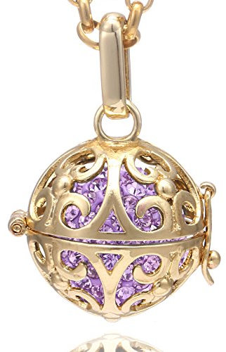 Morella Collar de Acero Inoxidable Dorado 70 cm con Colgante Ornamento y Bola de resonancia de Color Lila Ø 16 mm para Damas en Bolsa para Joyas