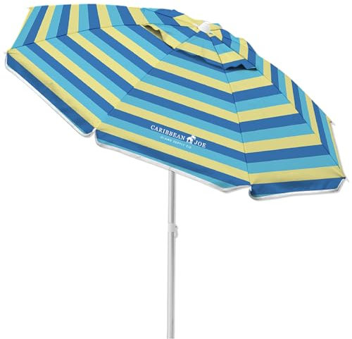 Caribbean Joe tilting beach umbrella double canopy windproof design with UV protection, Stripe, 6.5'