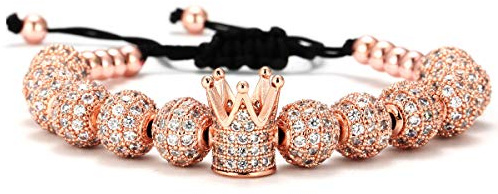 GVUSMIL Rose Gold Luxury CZ Imperial Crown Braided Copper Bracelets with 8mm Micro Pave Cubic Zirconia Beads Pulseira Bangle for Men