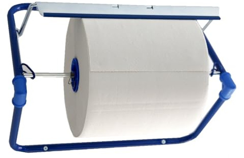 Wandhalter für Putztuchrollen bis 40 cm Breite, blau, robust, aus Metall | Rollenhalter mit Konuseinsätzen für variable Hülsendurchmesser zur Wandmontage in Werkstatt Lager Gastronomie und Industrie