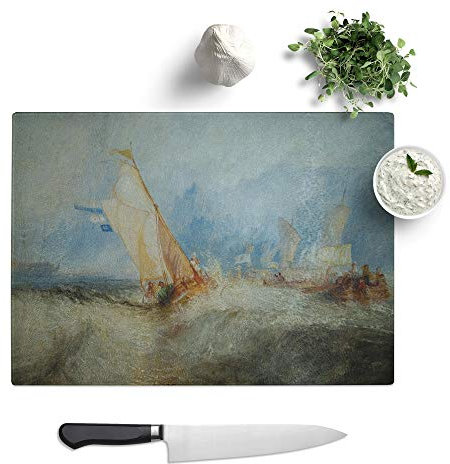 Kitchen Chopping Board Glass - J.M.W. Turner (Joseph Mallord William Turner) Ship at Sea - Textured Worktop Saver Cutting Board - Heat Resistant, Shatterproof and Hygenic - 39 x 28.5 cm