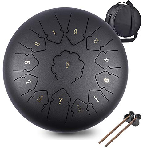 Steel Tongue Drum, WZTO Zungentrommel 13 Noten 12 Zoll Scheibentrommel Stahl Zunge Schlagzeuger Stahlzungen-Trommel Percussion Instrument Hand Pan Drum mit Trommelschlägeln und Tragetaschen(Schwarz)