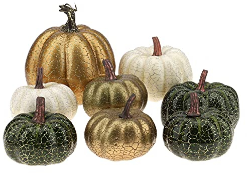 Kepfire 8 Stück Kürbis Deko,Künstlicher kürbisse deko für Thanksgiving Halloween Herbst Dekoration - Zufällige Mischfarbe(Grün&Gold&Weiß)