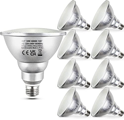 Unikcst 8er 18W E27 LED Lampen Warmweiss 3000K PAR38 Reflektor Strahler 230V Flood Licht Energiesparlampe Ersetzt Halogenlampe 180W, Nicht Dimmbar