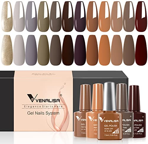 VENALSIA - Set di 12 Unghie in Gel, Colori Invernali: Viola, Arancione, Marrone, Rosso, Grigio, Oro - Glitter, Lunga Durata, UV, Manicure, Nail Art