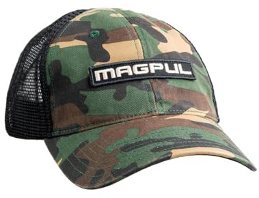 Magpul Standard Trucker Hat Snap Back Baseball Cap, One Size Fits Most, Wordmark Garment Washed Woodland Camo