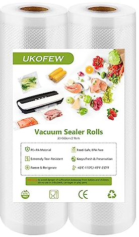 2 Rotoli Sacchetti per Sottovuoto, Sacchetti Sottovuoto per Macchina Sottovuoto, Sacchetti Sottovuoto Alimenti, Senza BPA, per La Conservazione Degli Alimenti e La Cottura Sottovuoto (20 x 500 cm)
