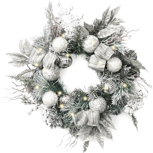 Valery Madelyn 52cm Weihnachtskranz Türkranz Groß, haustür weihnachtskranz Weiß Silber,Adventskranz mit 15 Led Timer und Weihnachtskugeln Schleife für Weihnachtsdeko Feste Advent,Adventsgesteck