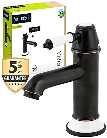 'aquaSu® Vintage Waschbeckenarmatur Rina, Wasserspar-Mischdüse, Kosten-sparende Kaltwassermittelstellung, Keramikkartusche, Waschtischarmatur mit Pop-Up-Ventil Typ 1 1/4 '', schwarz, 795784
