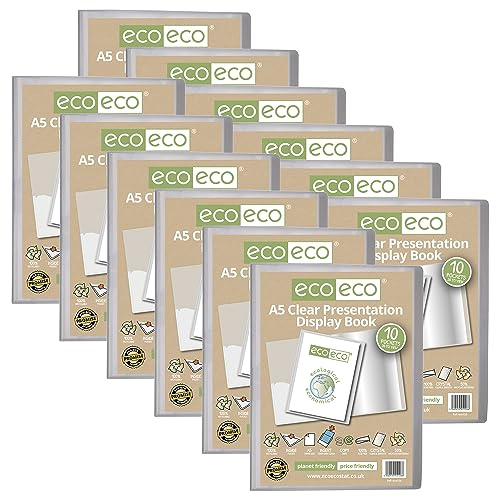 eco-eco Präsentationsbuch, A5, 50% recycelt, 10 Taschen, transparent, Aufbewahrungsbox, Portfolio-Kunstmappe mit Kunststoffhüllen, 12 Stück, eco126 x 12