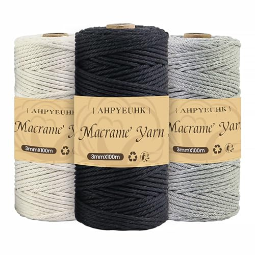 Makramégarn 3 mm x 100 m, 3 stycken, makramé, bomullsgarn, natur, pysselsnöre, makramé, tillbehör för gör-det-själv pyssel, stickning, boho-vägghängande dekoration, drömfångare (svart + beige +