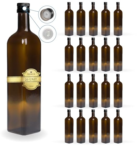 Espirito Rebelde 20 Botellas de Cristal Oscuro 500ml con Tapón de Rosca Negro con Boquilla Vertedora - Aceite de oliva, Vinagre, Alcohol, Salsas - Aceitera de Cristal