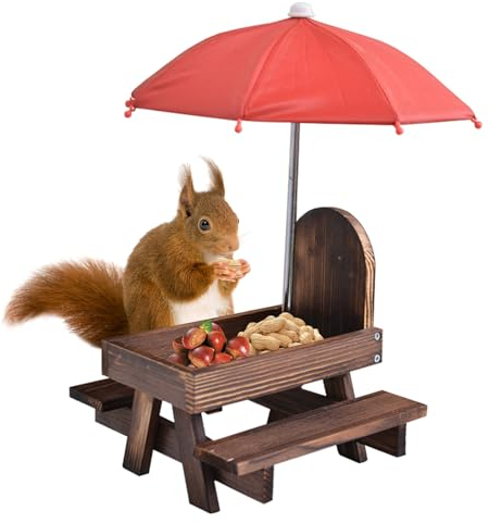 TOATELU Eichhörnchen Futterhaus mit Regenschirm: Wetterfest Holz Eichhörnchen Picknicktisch mit Maiskolbenhalter, Eichhörnchen-Futterstation für Eichhörnchen Chipmunk Wildlife