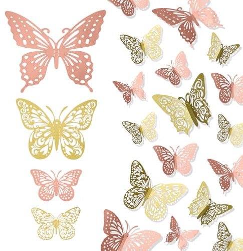 Schmetterlinge Deko,Christmas Decorations,Schmetterling,Wand Deko,Schmetterling Deko,Tortendeko,Deko Gold,Wandtattoo Schmetterlinge,Wandsticker,Geburtstagsdeko Mädchen,Gemischtes Gold Roségold 24Pcs